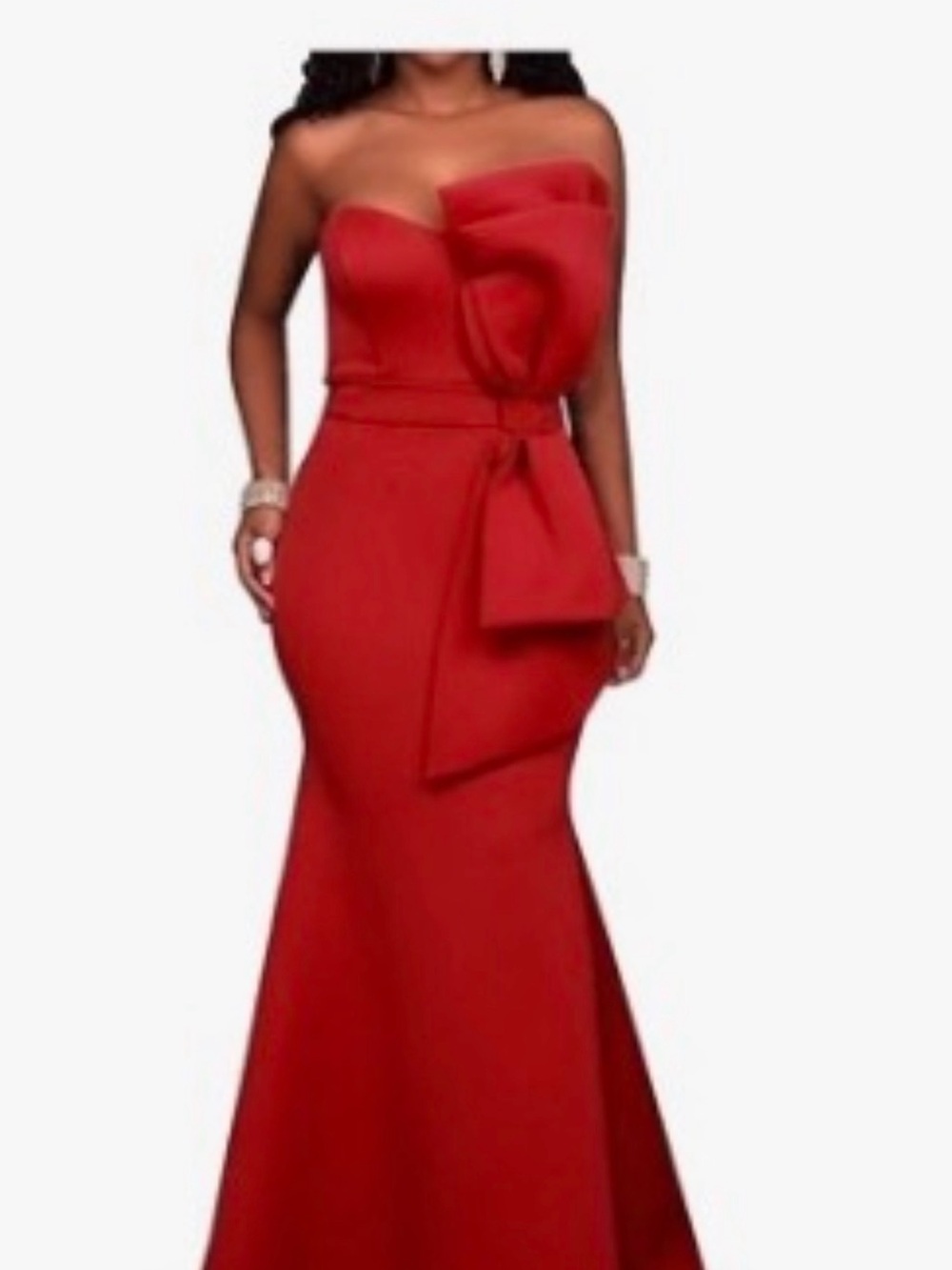Strapless Red Evening Gown with Front Bow